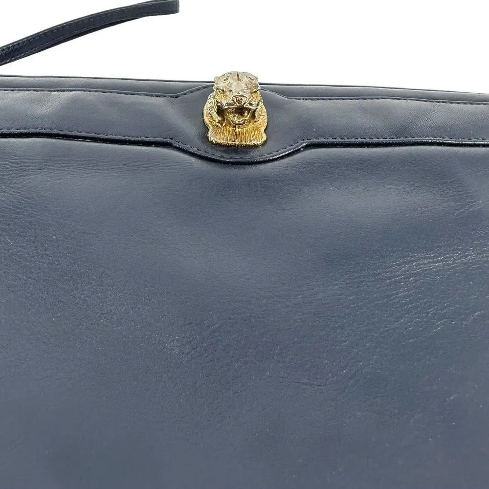 Ruth Saltz Clutch Handbag Vintage Leather Navy Blue Lion Classic Evening Purse